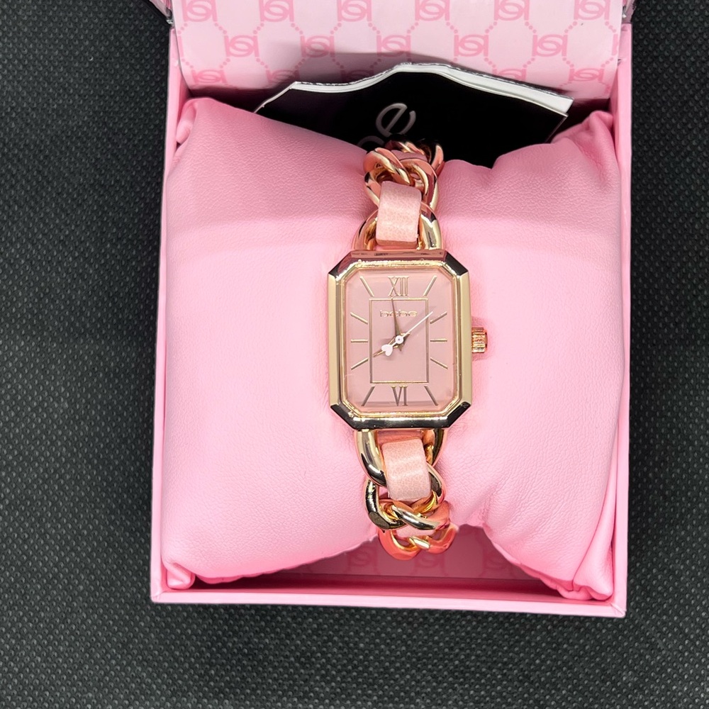 NWT bebe BABY PINK STRAP AND ROSEGOLD METAL CHAIN LINK BRACELET WATCH